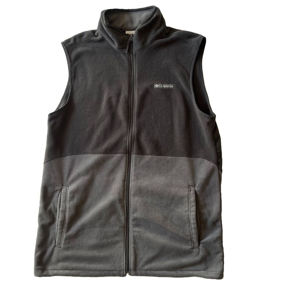 Columbia Vest Mens M Fleece Gray Full Zip Pockets Logo Outdoor Hiking Gorpcore
